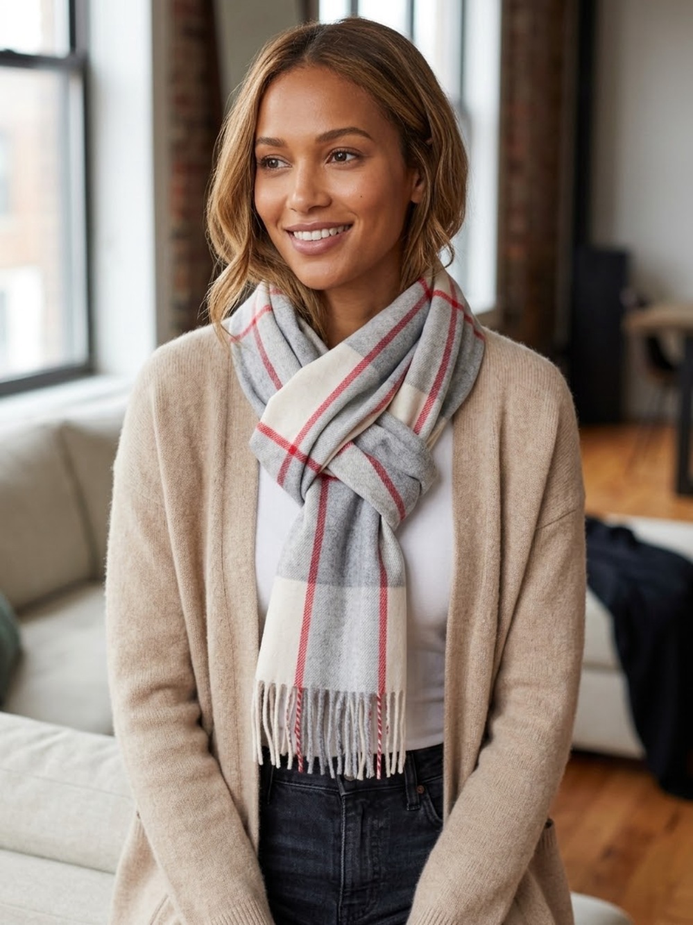 Classic Grey & Cream Plaid Scarf - Neutral Winter Accessory